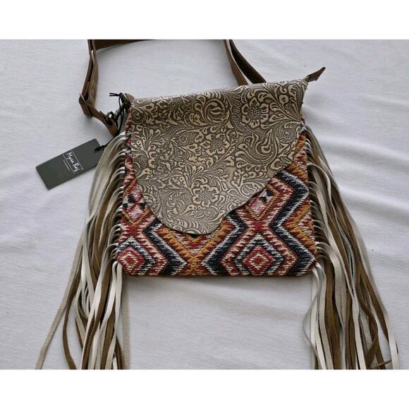 Myra Bag Tooled Leather Woven Conceal Carry Crossbody Aztec Fringe Western NEW - Picture 1 of 10